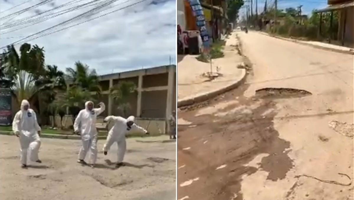 Com 'trajes da Nasa', moradores protestam contra crateras em Cabo Frio | G1