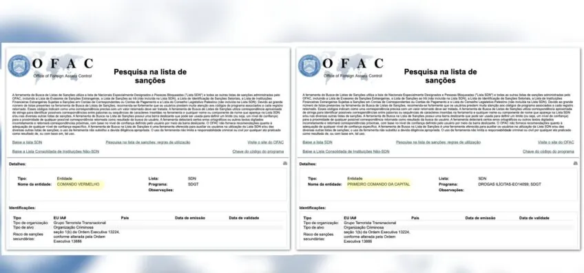 Ofac inclui PCC e CV em lista de entidades sancionadas dos EUA