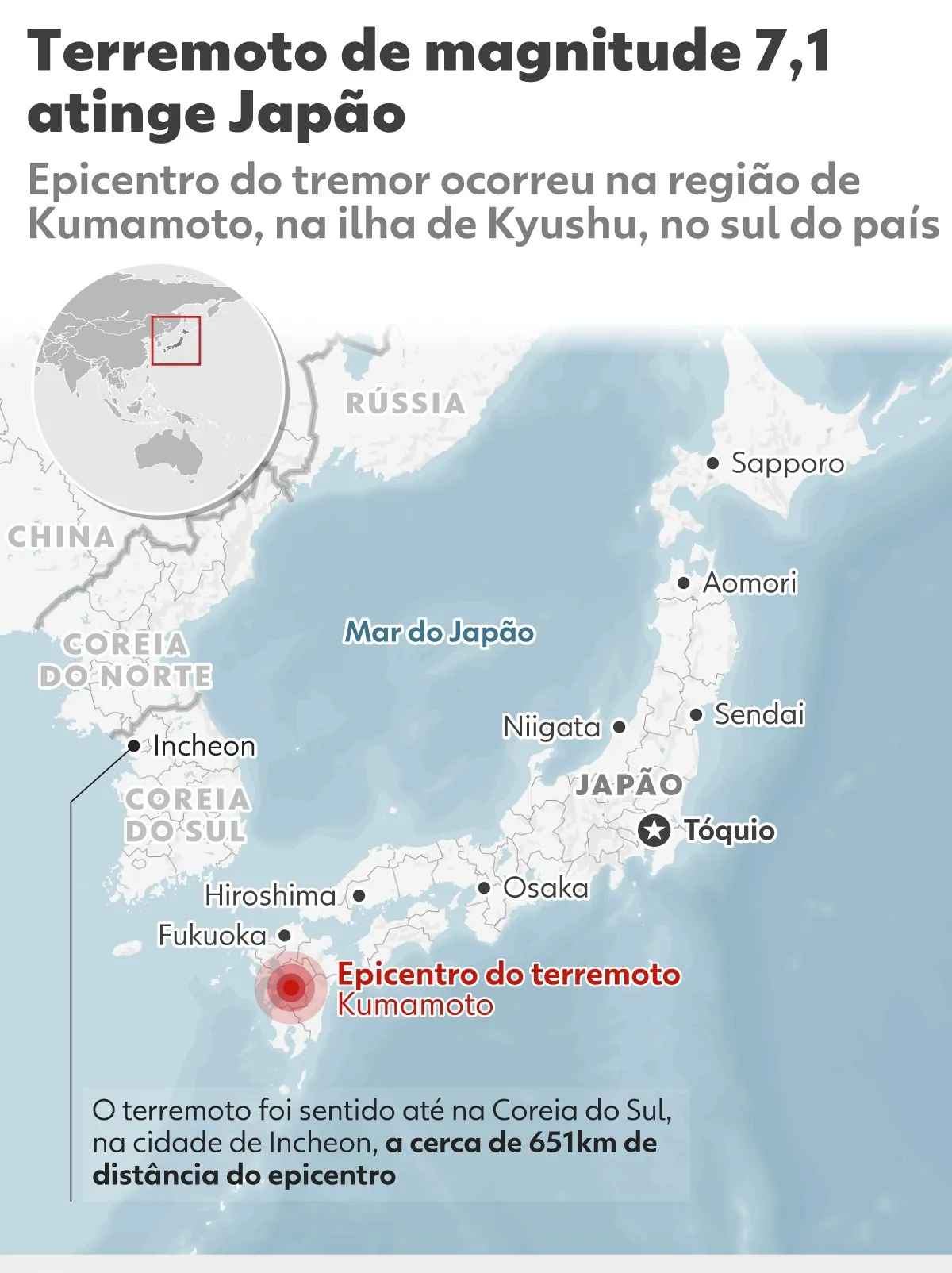 MAPA mostra epicentro do terremoto de magnitude 7,1 no Japão