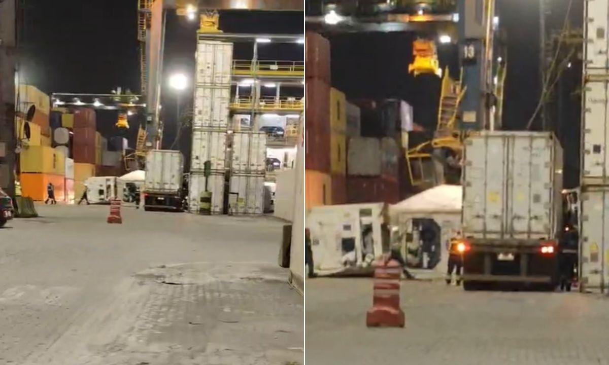 Contêiner cai sobre caminhão e motorista fica preso às ferragens | G1