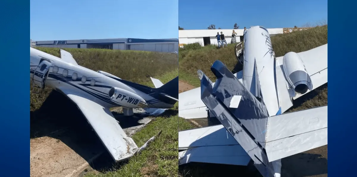 Avião derrapa durante pouso e sai da pista no aeroporto de Jundiaí