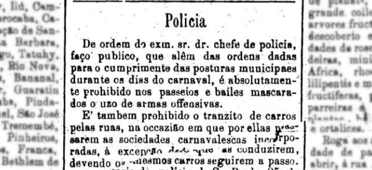 Há 150 anos: No carnaval nada de máscaras e 'armas ofensivas', alerta chefe de policia