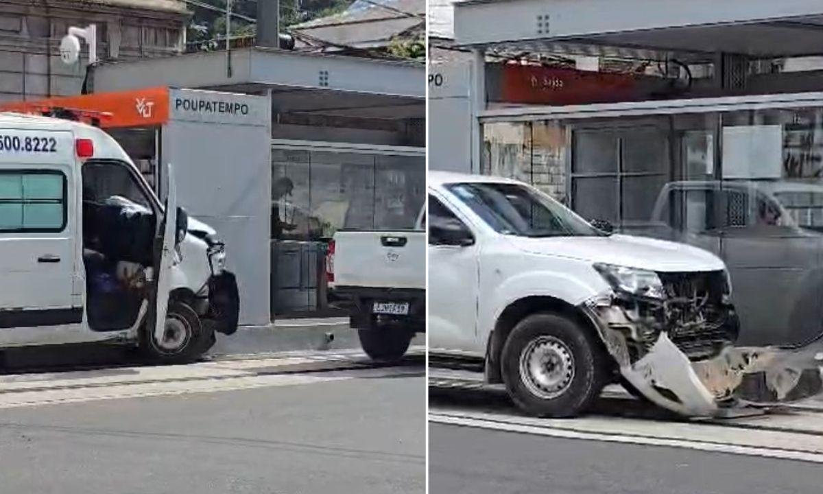 Ambulância bate em caminhonete e atinge estação do VLT em Santos | G1