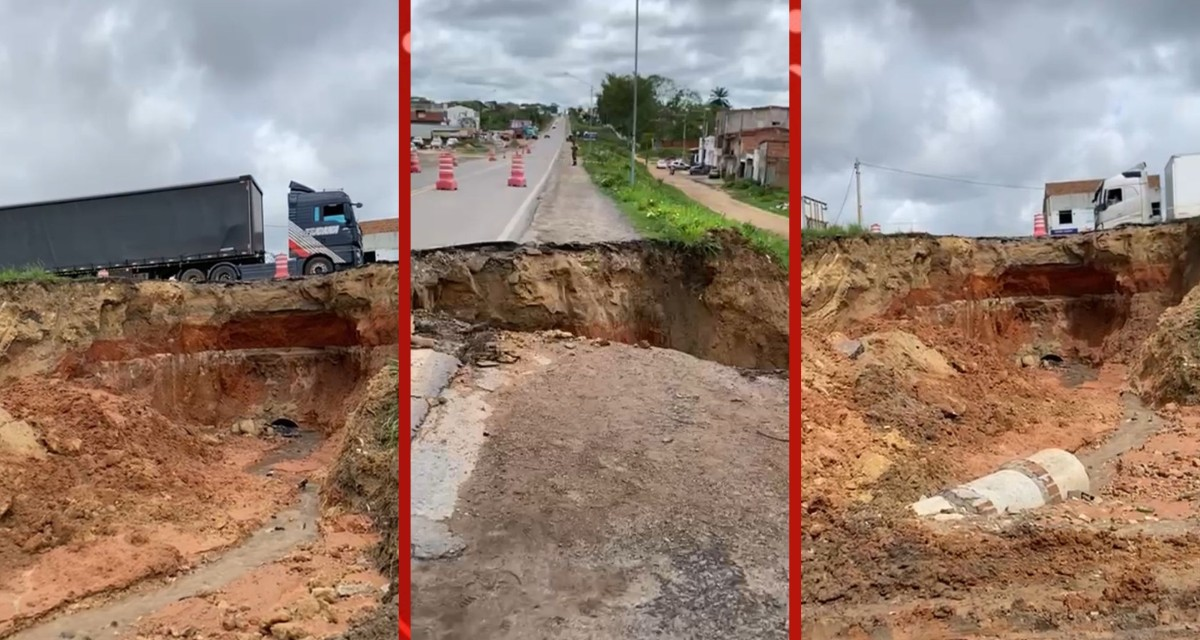 Cratera se abre após chuva e trecho da BR-116 | G1