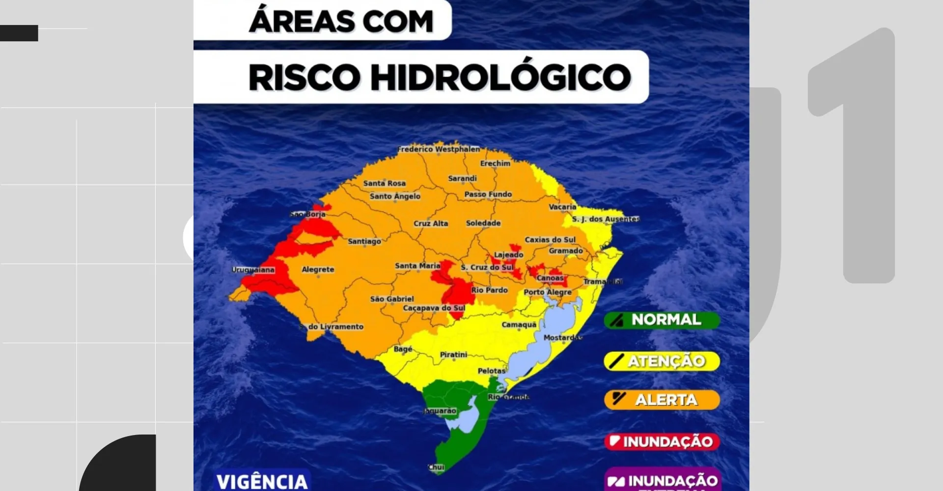 Inundações ameaçam cinco rios do RS e previsão aponta chuva intensa e queda de granizo para esta quarta-feira